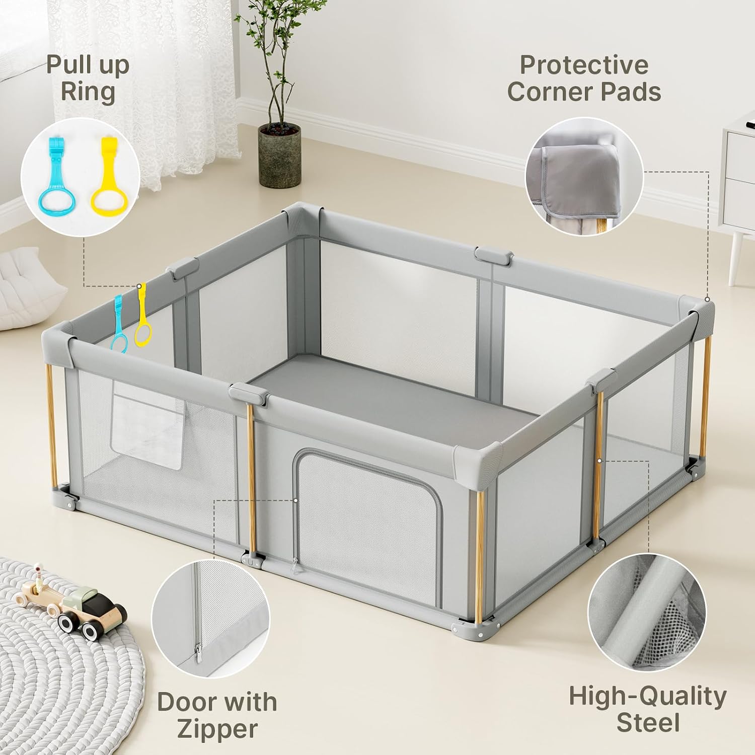Foldable Baby Playpen with Mat, 71x59 Foldable Play Pen for Babies and Toddlers, Baby Playpen with Portable Design