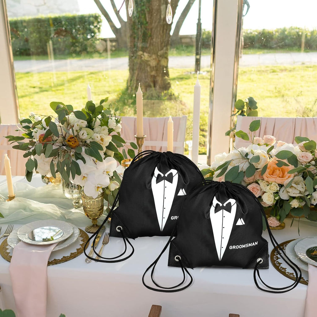 7 Pack Groomsmen Gift Bags Drawstring, 9x9.9 Black Tuxedo Print