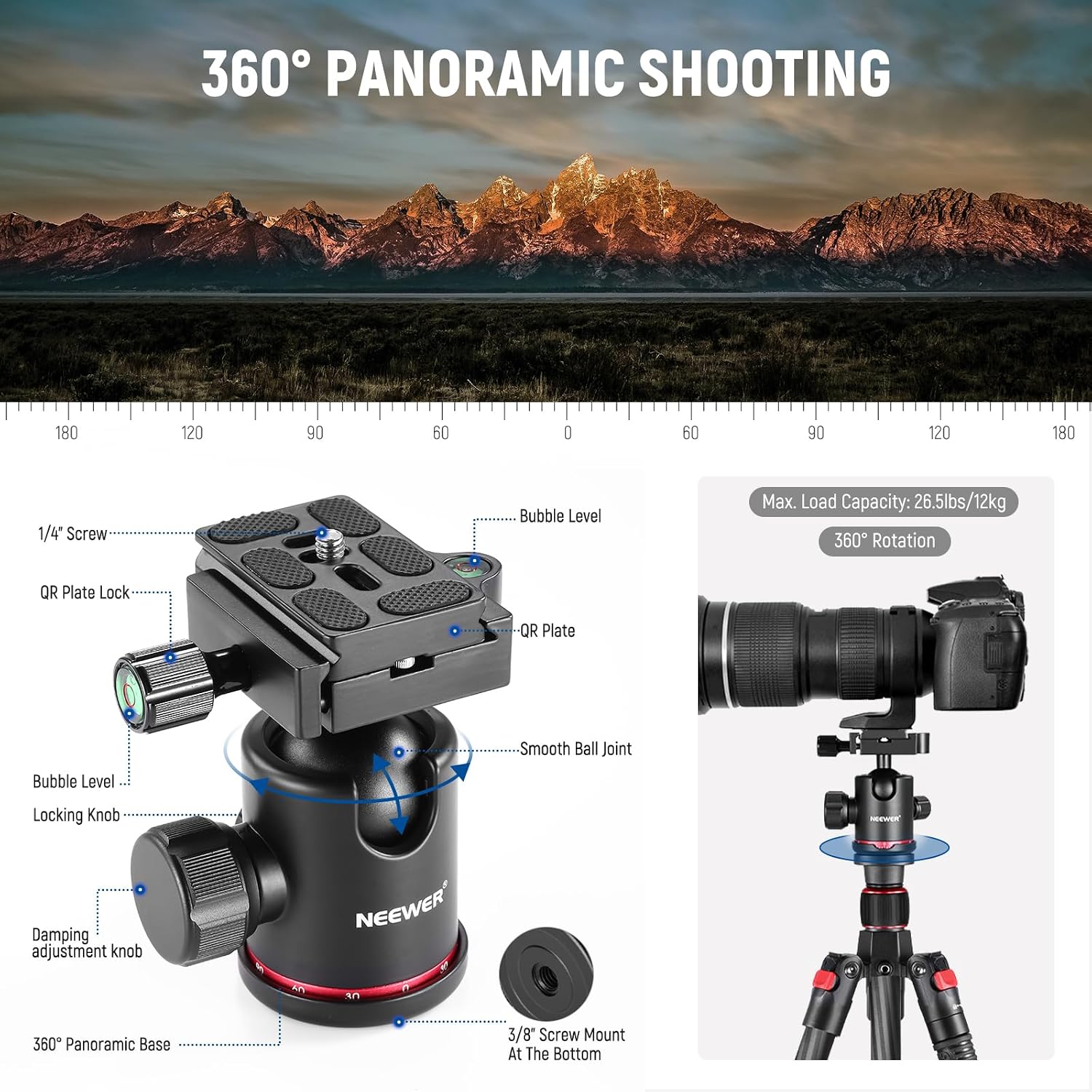 66"/168cm Carbon Fiber Camera Tripod with 360° Ball Head, N55C | Panorama, 1/4" Arca QR Plate, Portable Bag, Compact