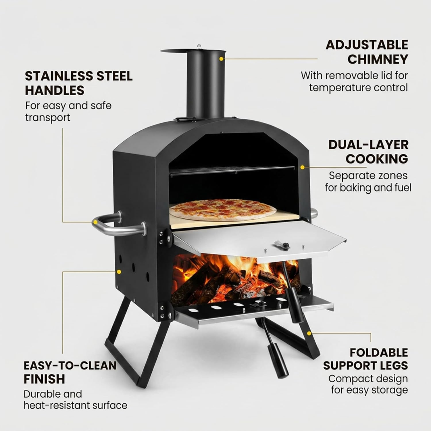 Wood Fired Outdoor Pizza Oven, Portable 2-Layer Pizza Maker with 12" Pizza Stone & Waterproof Cover – Folding Legs
