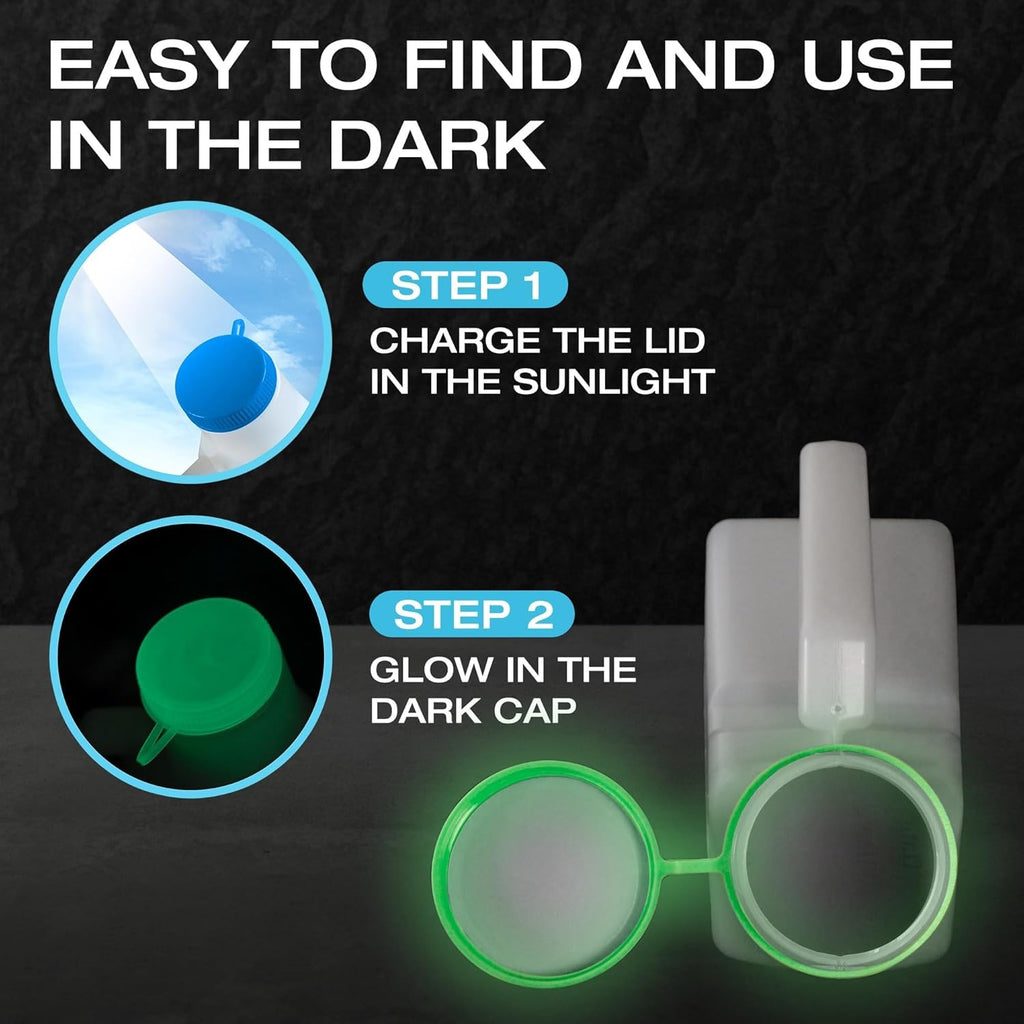 Urinals for Men Glow in The Dark Lid by Tilcare (2 Pack) - 32oz/1000mL Thick Plastic Mens Bedpan Bottle with Screw-on