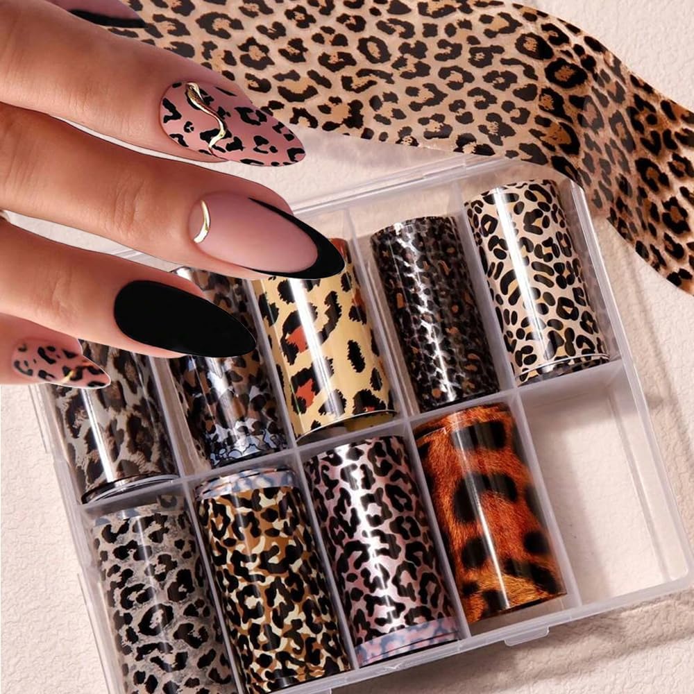 Leopard Print Nail Art Foils Transfer Stickers 10Pcs Leopard Snake Print Nail Foils Adhesive Decals Nail Supplies