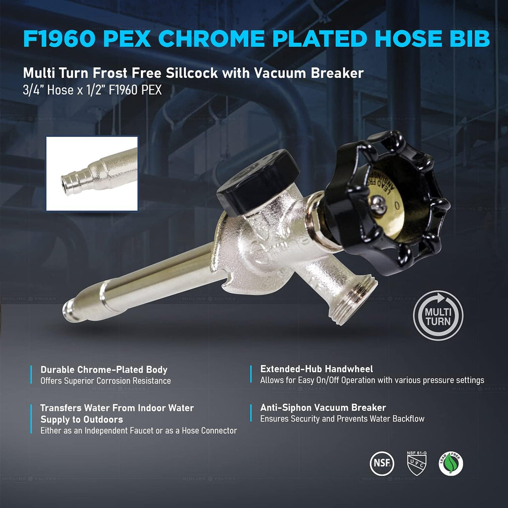 10 Inch Frost-Free Anti-Siphon Sillcock with Vacuum Breaker – Lead-Free Outdoor Faucet, 1/2" PEX-A Inlet x 3/4" Hose