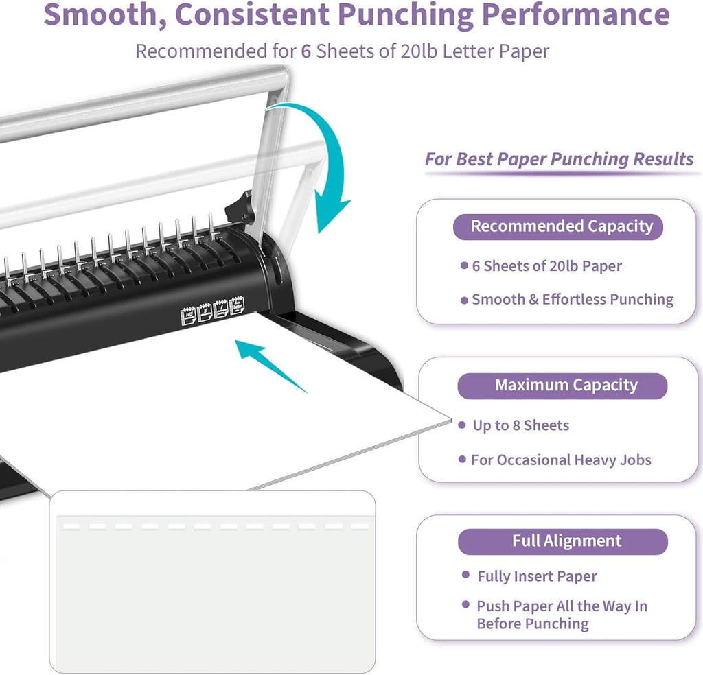 Binding Machine, 19Hole, 145 Sheets, for Letter Size, Fixed Margin | Comb Binding Machine, Punch 6-8 Sheet, 145