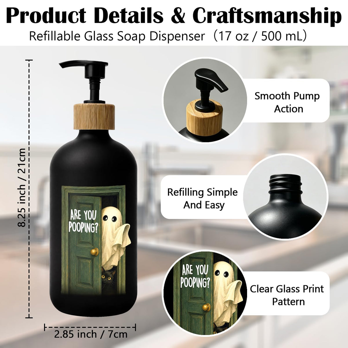 Funny Halloween Bathroom Glass Soap Dispenser with Pump