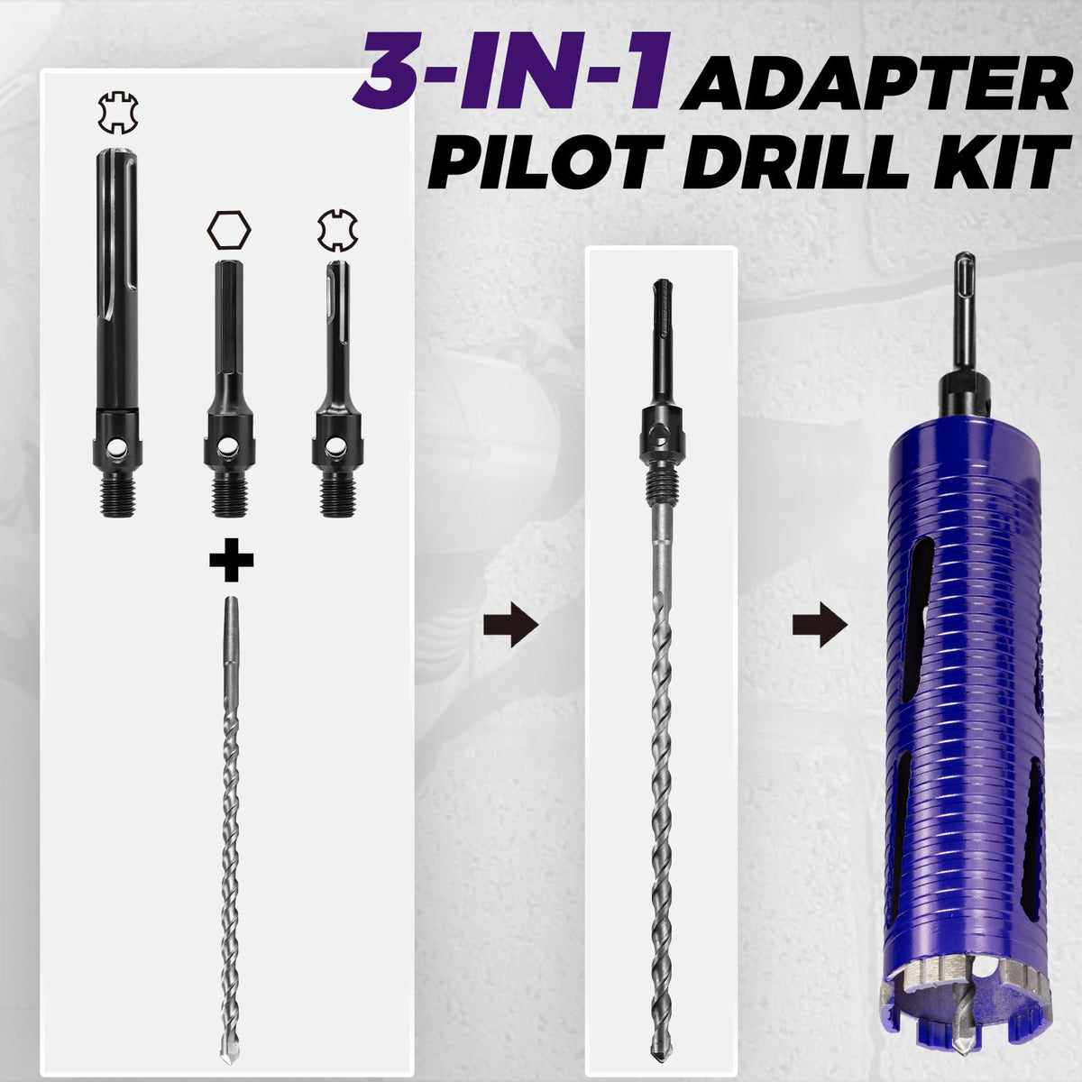 DaduoRi 1-3/4" Dry Core Drill Bit with Pilot Bit & 3 Adapters (SDS Plus/SDS Max/1/2 Hex),Upgraded-Welded Core Bits for Concrete, Masonry, Brick, Stone, Mortar - 9.5" Depth, 5/8"-11 Thread