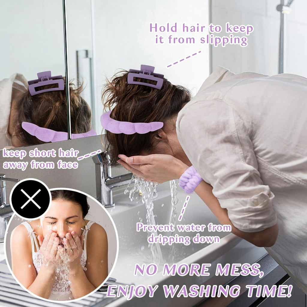 Spa Headband And Wristband Set Skincare Headband For Washing Face Hair Claw Clips For Thick Hair Cute Purple Puffy