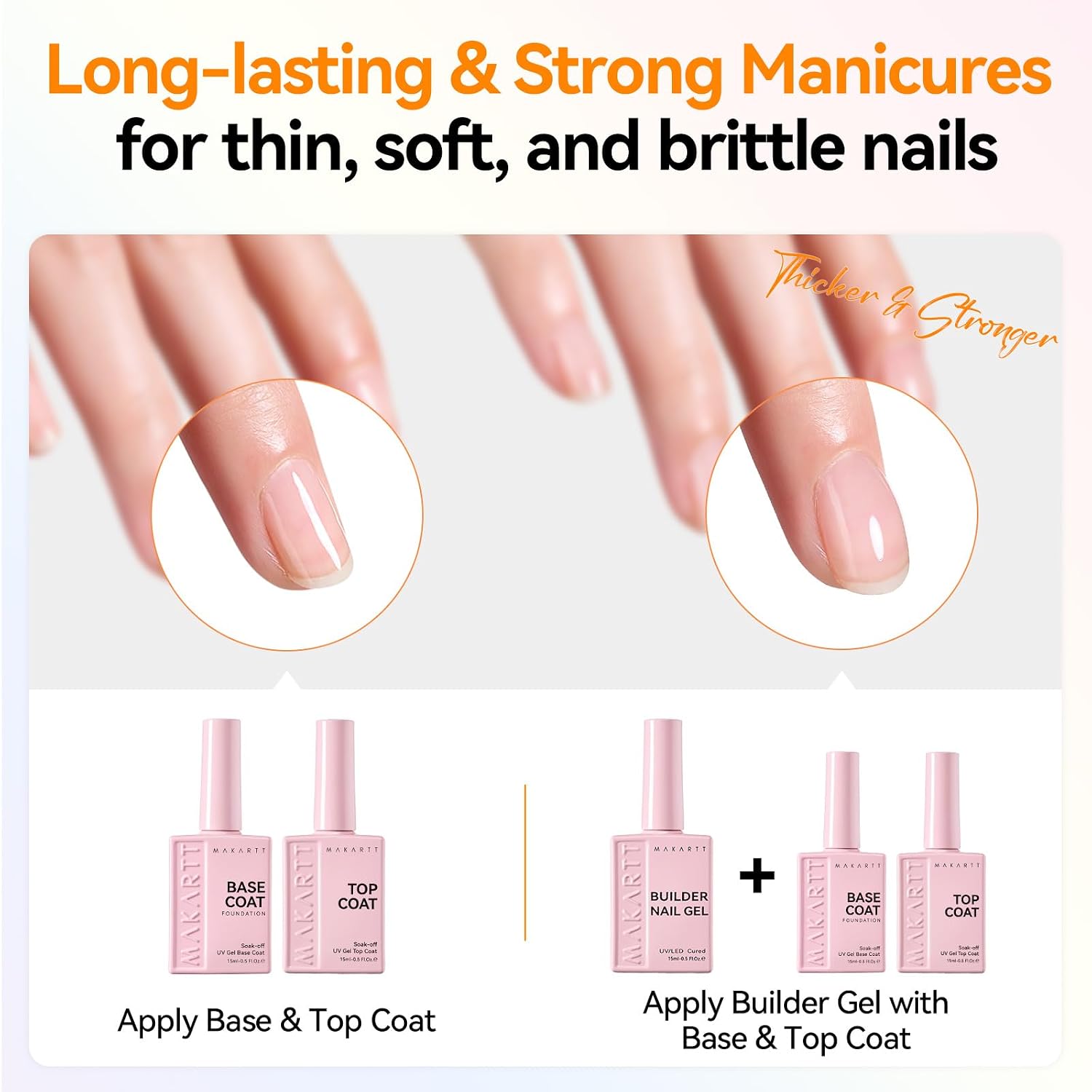 Builder Nail Gel with Top Coat Base Coat Kit 3 PCS 15ml | Long Lasting Diamond-Shine Finish No Wipe Clear Gel Polish