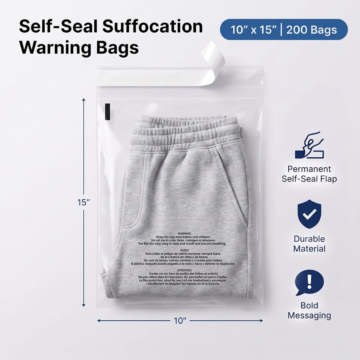 10” X 15” (200 Count) Self Seal Clear Poly Bags with Suffocation Warning