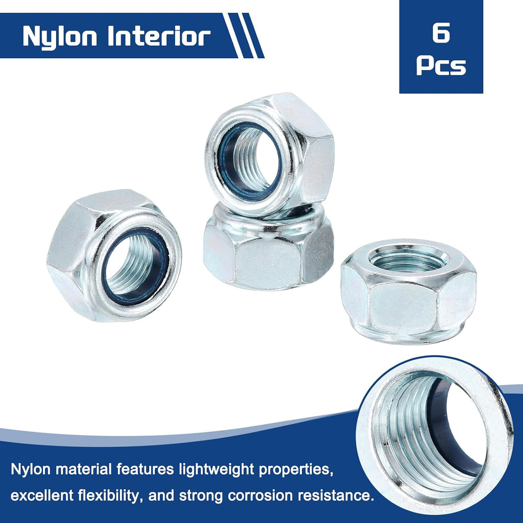 6Pcs M12-1.25 Nylon Locking Hex Nuts CarbonSteel Blue and White