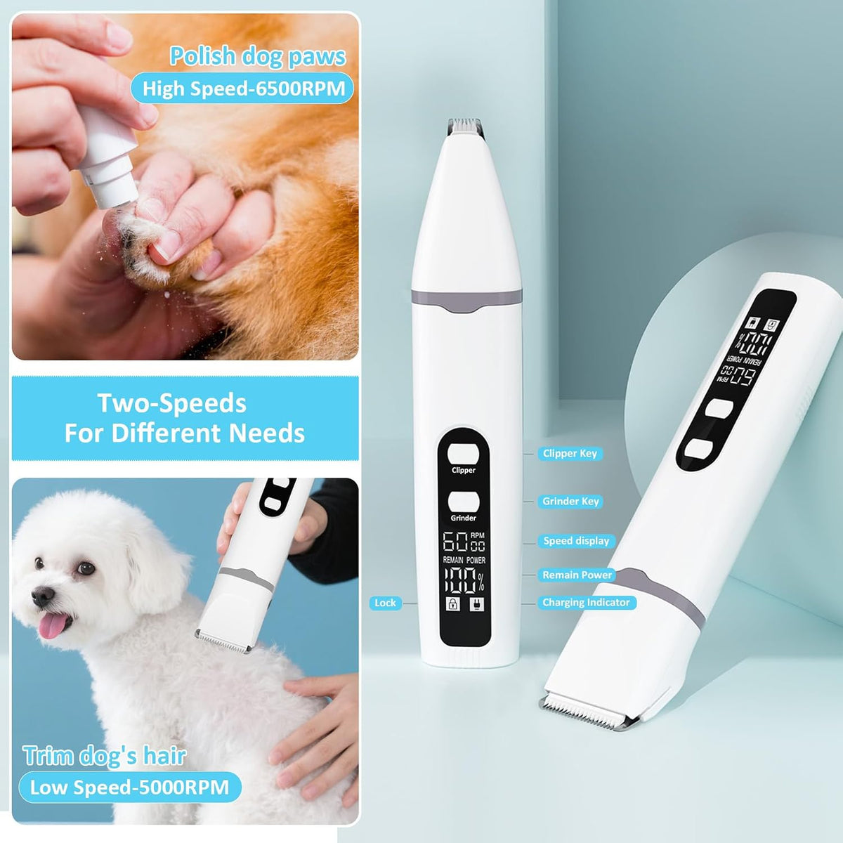 Dog Clippers for Grooming, 4 in 1 Dogs Paw Trimmer Pet Grooming Kit, Low Noise Dog Shavers with Nail Grinder Quiet