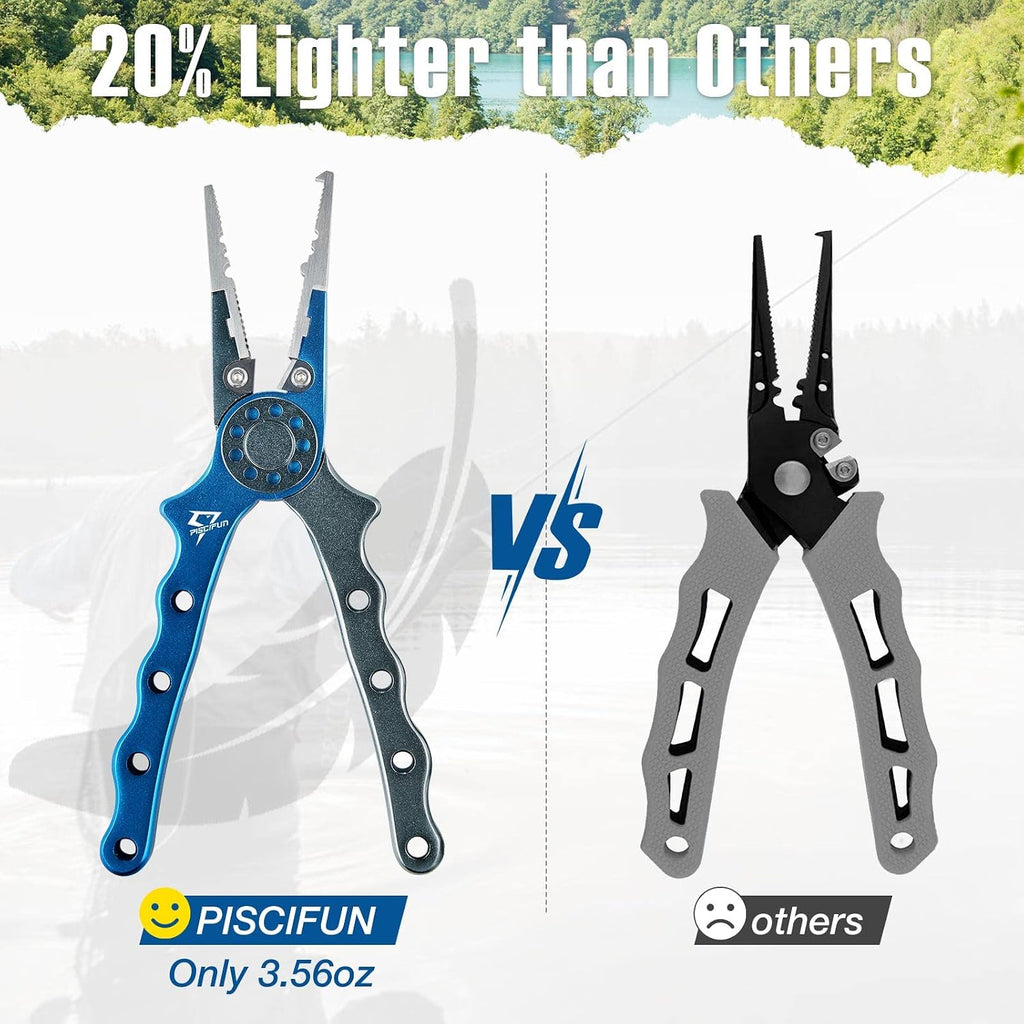 Saltwater Fishing Pliers, Aluminum, Split Ring, Braid Cutter | Hook remover, tungsten carbide blade, spring-loaded