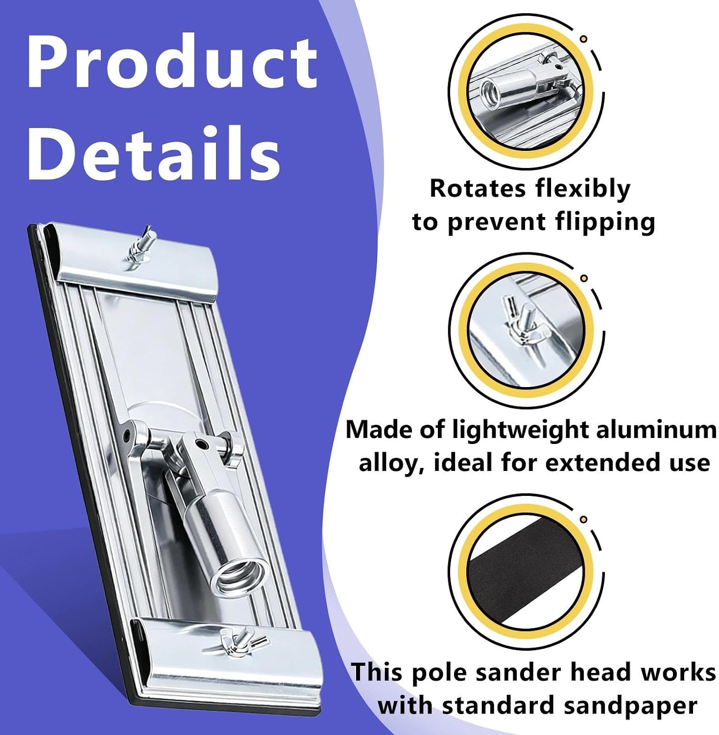No-flip Pole Sander Head for Drywall Featuring Quick Release Clips, Universal Coarse Thread and Male Threaded Design