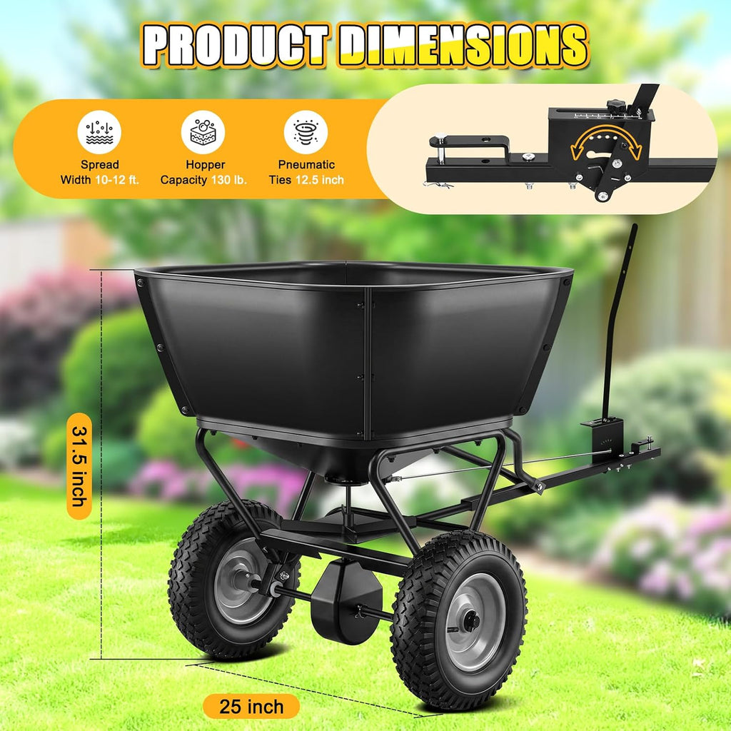 Pull Behind Broadcast Spreader, Fertilizer Spreaders for Lawn Seed Spreader | 130 lb Hopper Capacity with Extended