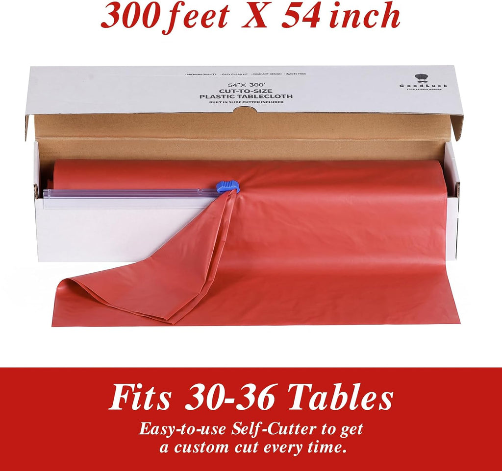 54 Inch x 300 Feet Red Plastic Tablecloth Roll with Cutter Box