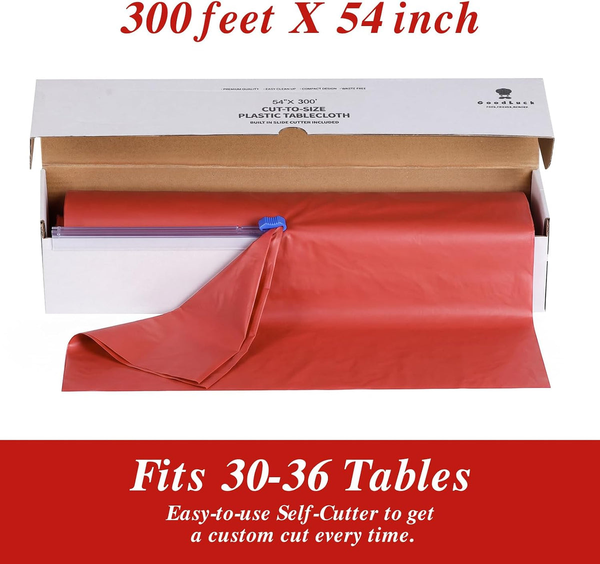 54 Inch x 300 Feet Red Plastic Tablecloth Roll with Cutter Box