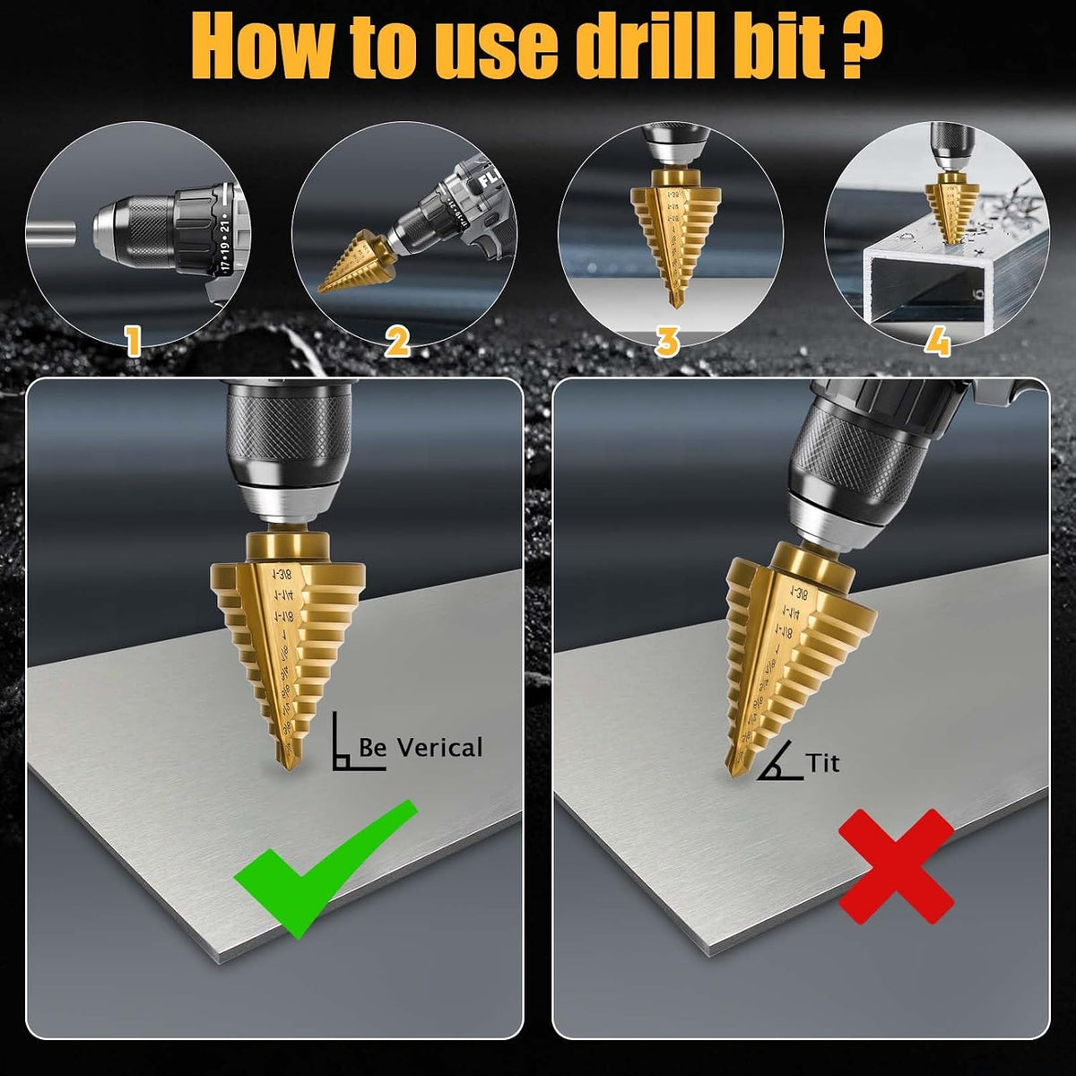 Titanium Step Drill Bit - 4241 HSS Step Bit with Two Straight Grooved