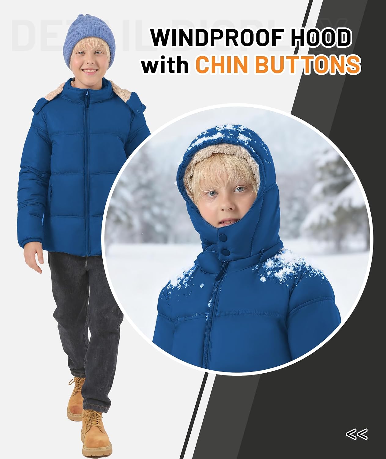 Boy's Winter Coat Thermal Puffer Jacket Warm Sherpa Fleece Lined Water-Resistant Zip Outerwear Coat with Detachable Hood