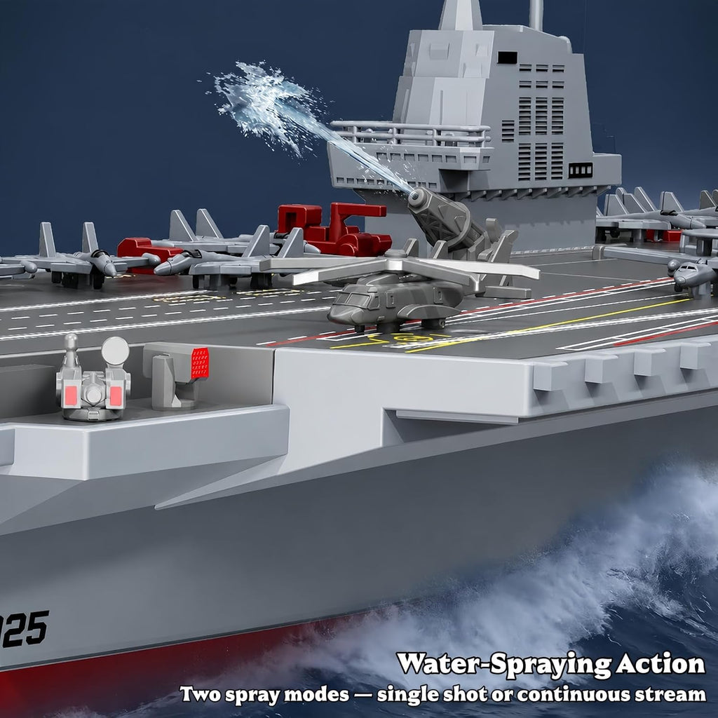 RC Boat with Water Spray, 16” Warship Battleship Aircraft Carrier with 2 Rechargeable Batteries, 15mph Dual-Motor