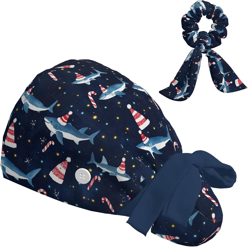Scrub Caps Women Ponytail, Adjustable Surgical Caps with Buttons and Sweatband, Bouffant Hat with Hair Scrunchy