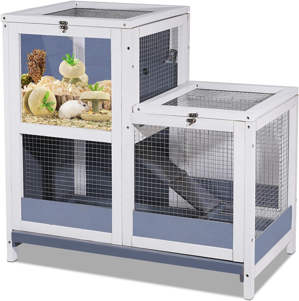2-Story Guinea Pig Cages Wooden Indoor Rabbit Hutch Hamster Cage with Openable Roofs, Removable Tray and Wide Ramp