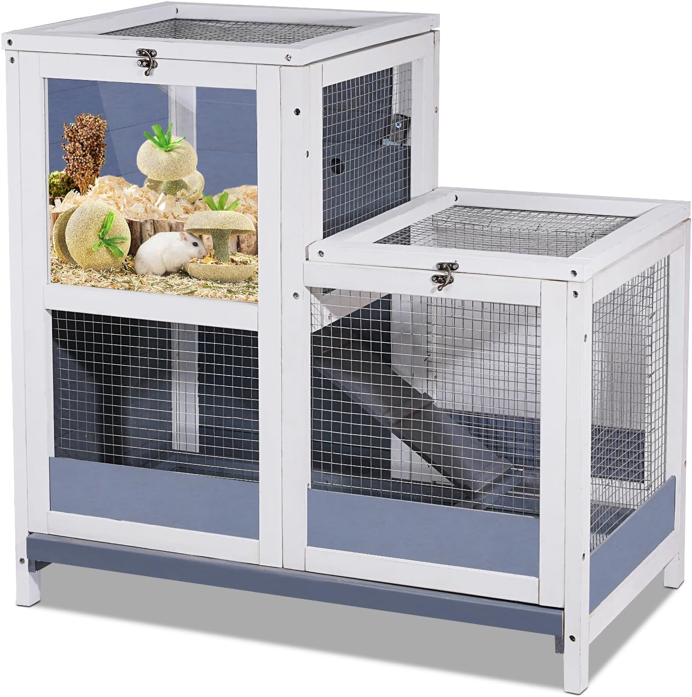 2-Story Guinea Pig Cages Wooden Indoor Rabbit Hutch Hamster Cage with Openable Roofs, Removable Tray and Wide Ramp