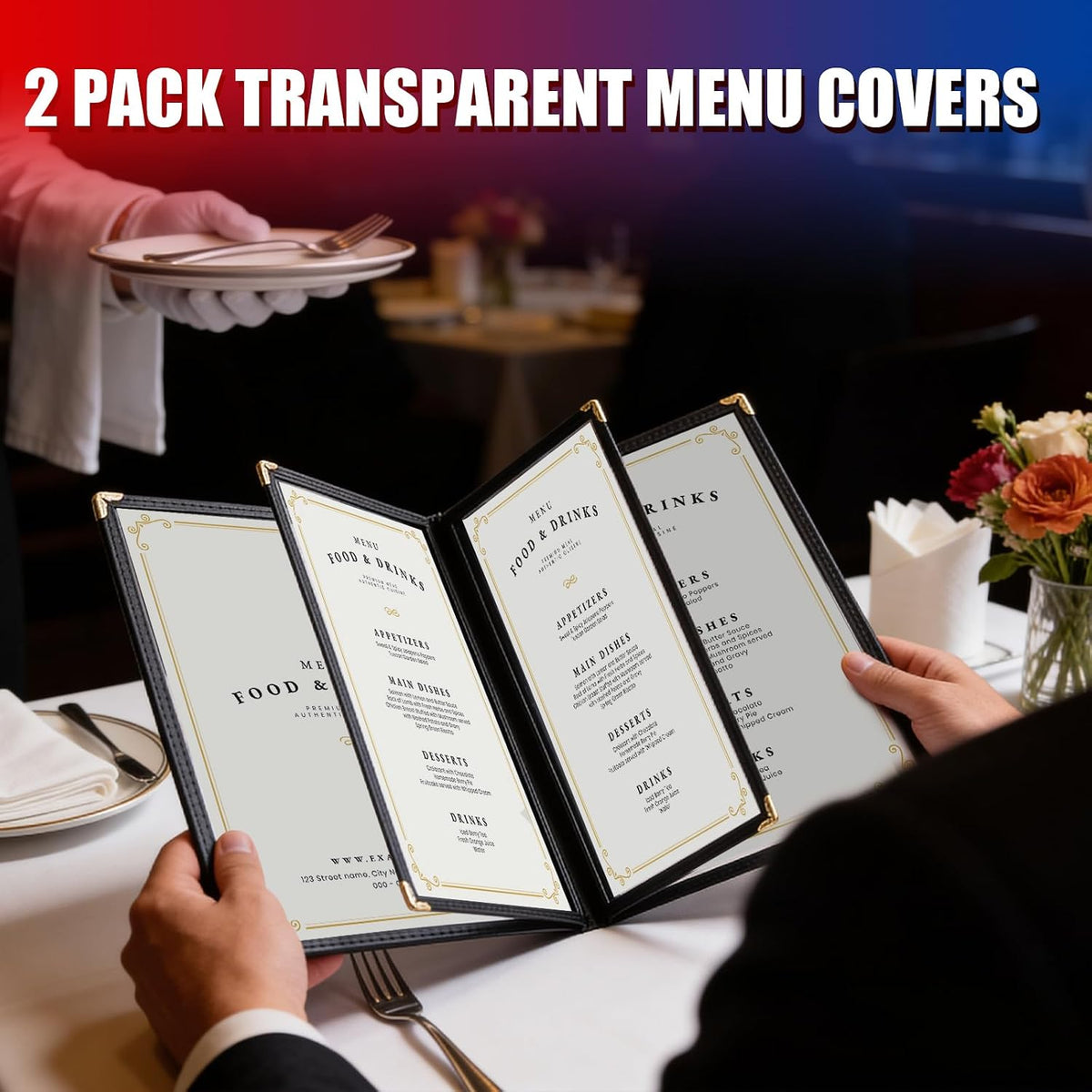 2 Pack 8.5 x 11 Inch Menu Covers, 4 Page Clear PVC Menu Sleeves
