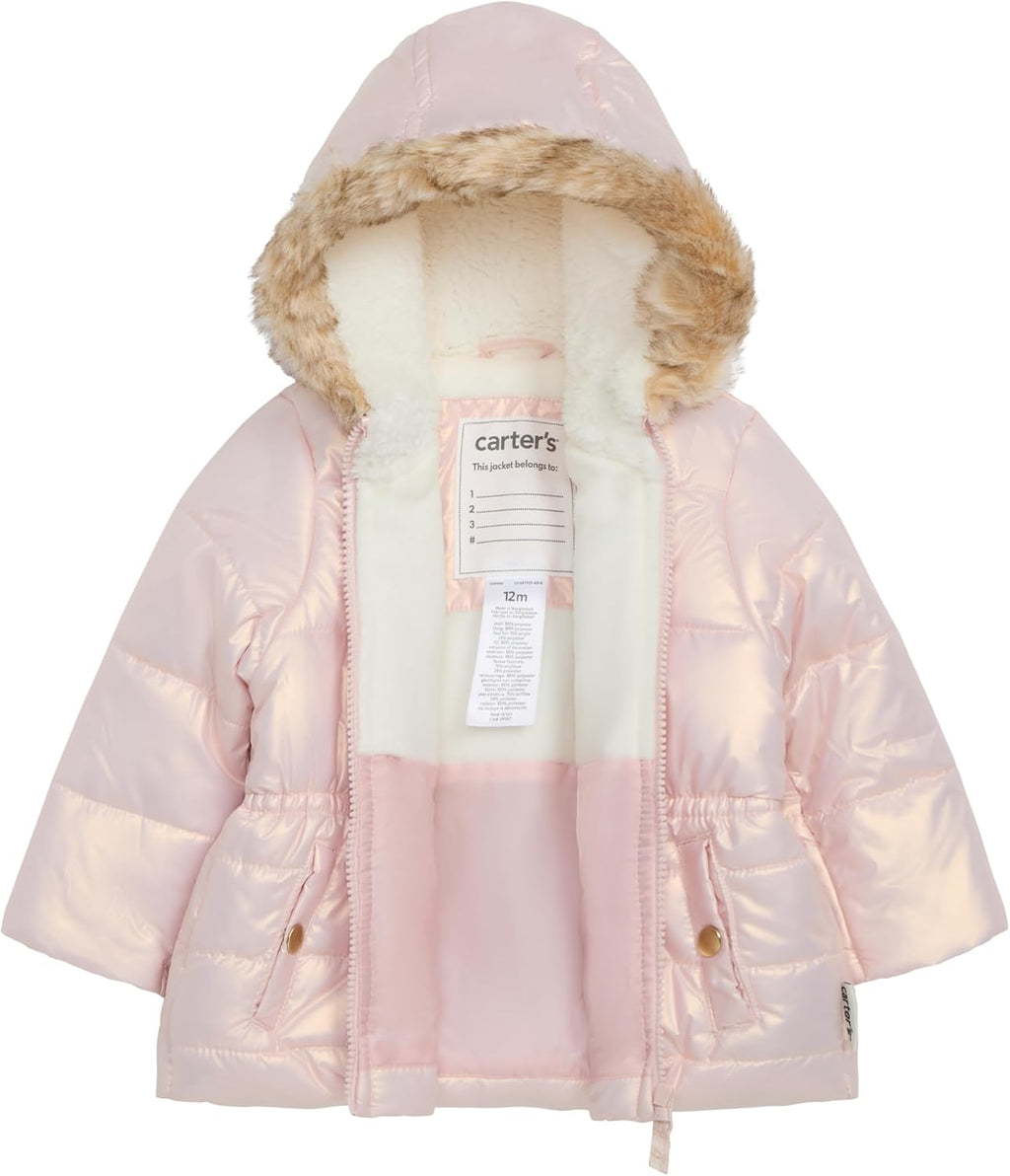 Girls' Winter Coat Puffer Jacket With Faux Fur Trimmed Hood