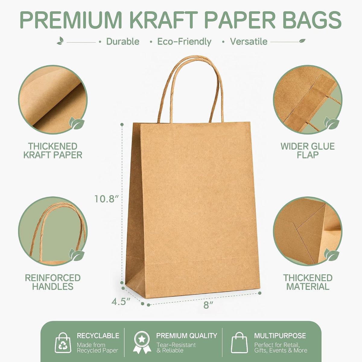 Brown Kraft Paper Bags 100 Pack 8x4.5x10.8 in Medium with Handles