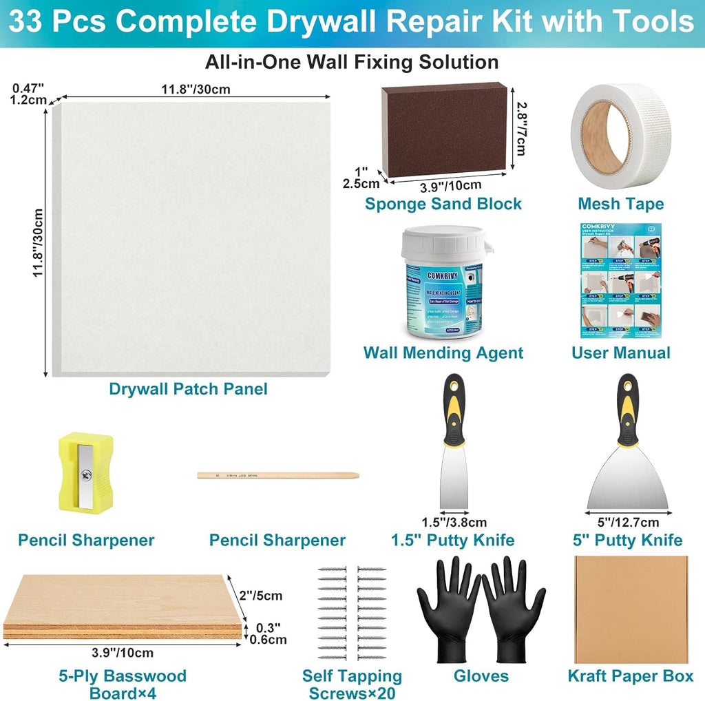 Drywall Repair Kit with 12"x12" Dry Wall Repair Panel, 33-in-One Drywall Patch Kit Wall Patch Repair Kit with