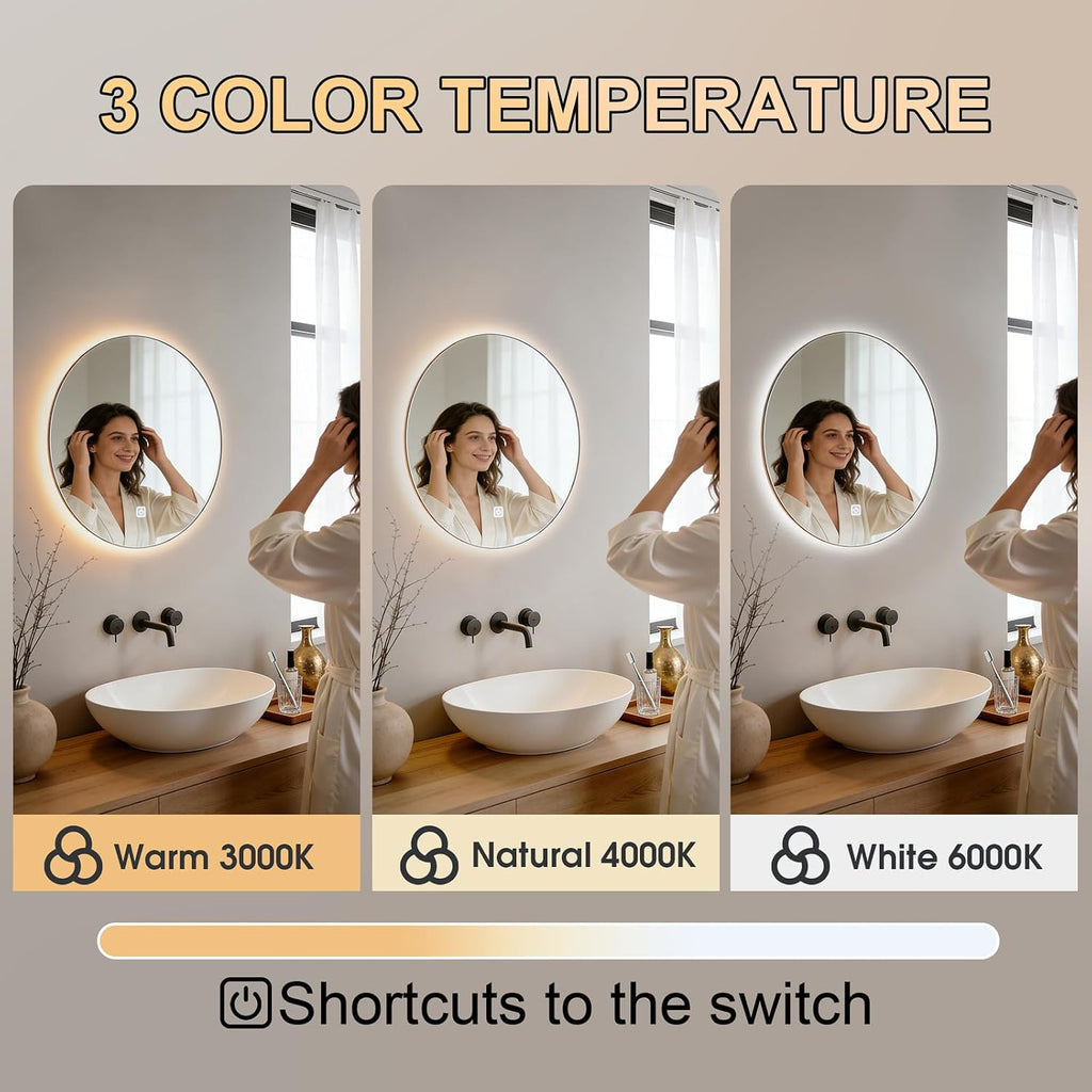 20 Inch Round LED Bathroom Mirror with Lights, Lighted Vanity Bathroom Mirror with Backlit, Stepless Dimmable & 3