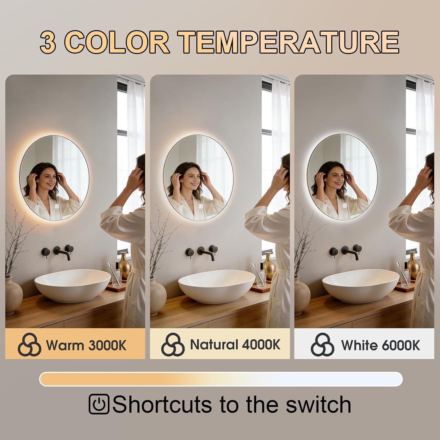 20 Inch Round LED Bathroom Mirror with Lights, Lighted Vanity Bathroom Mirror with Backlit, Stepless Dimmable & 3
