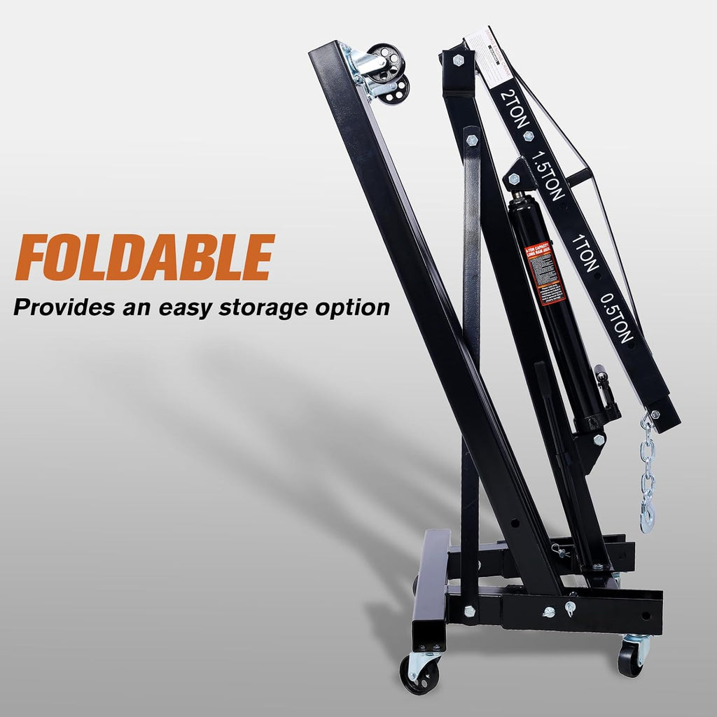 2 Ton Cherry Picker Engine Hoist, Heavy Duty Folding Engine Stand with 6 Iron Caster Wheels, Durable Engine Lift
