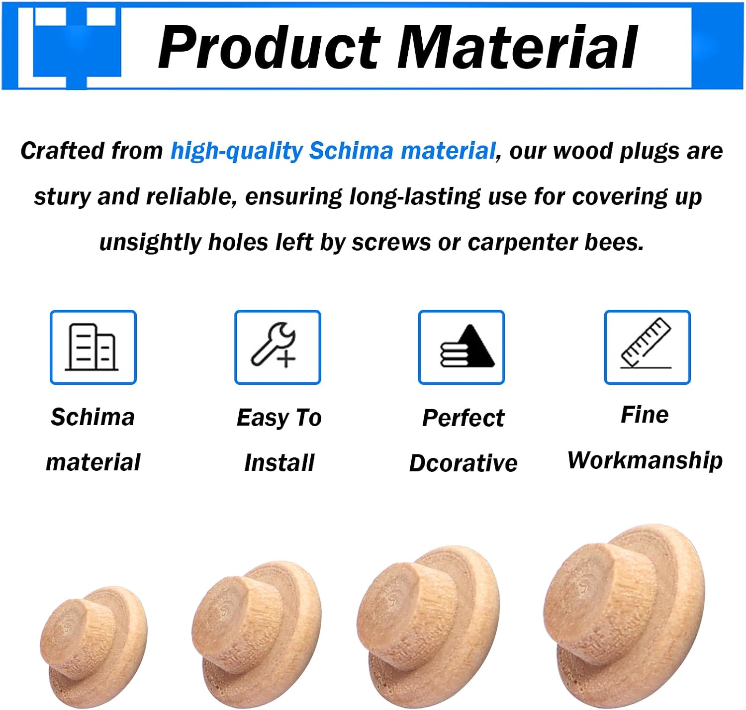 150Pcs 4-Sizes Button Wood Plugs 3/16" 5/16"，3/8"，1/2" Wooden Hole Plugs for Holes in Furniture/Table and Chair
