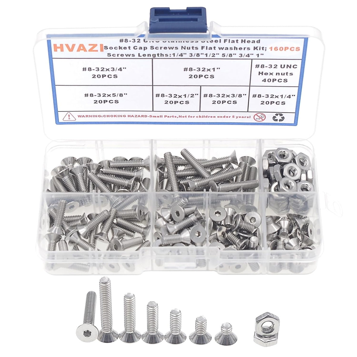 #8-32 UNC 304 Stainless Steel Flat-Head Socket Cap Screws, Nuts Kit