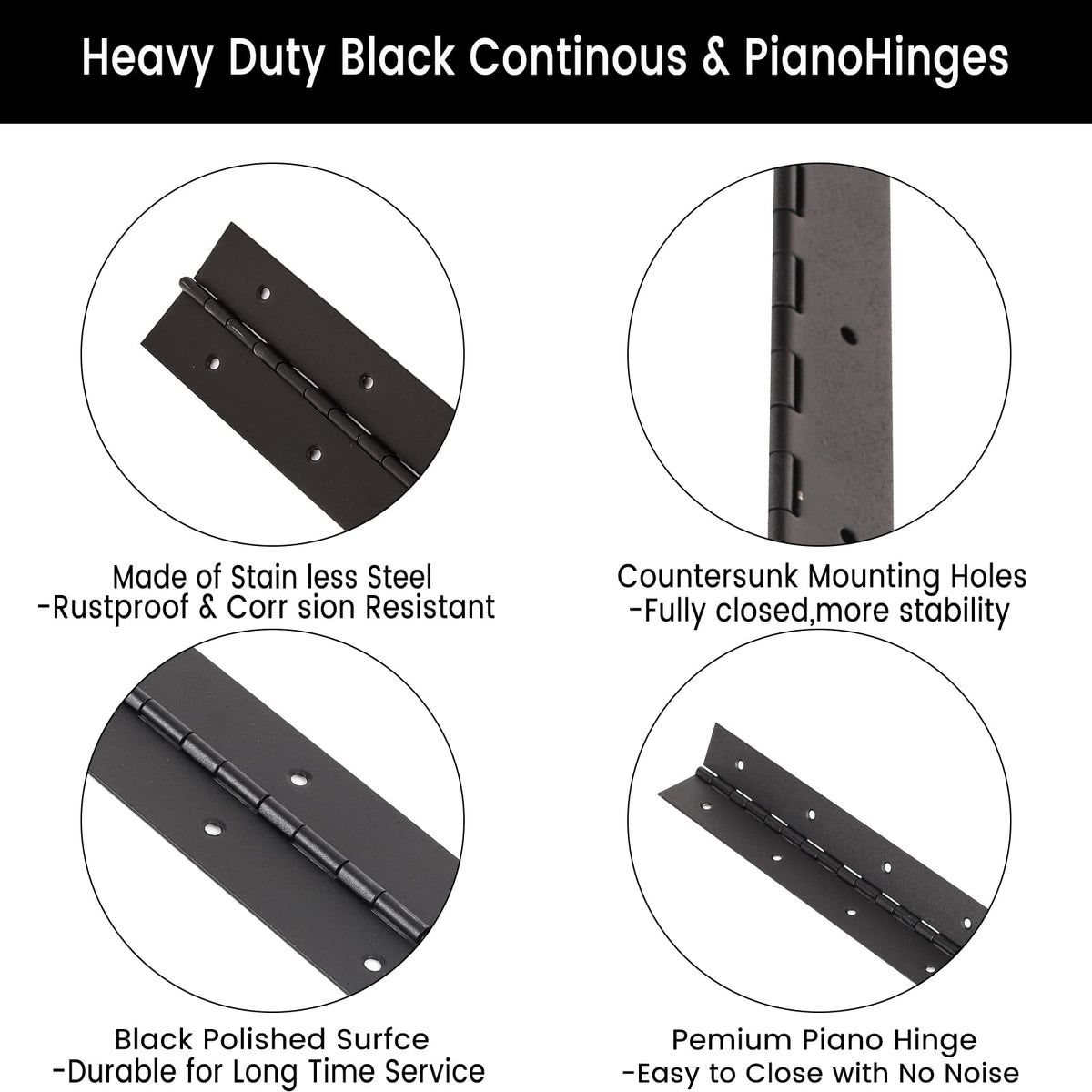 2-Pack 12-Inch Black Stainless Steel Continuous & Piano Hinge