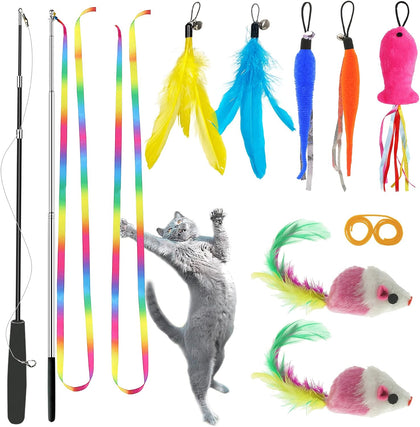 Cat Toys,Interactive Feather Variety Pack for Cats Wand Kitten Toy-Includ Cat Exercise Toy Fluffy Mouse Worms&Fish