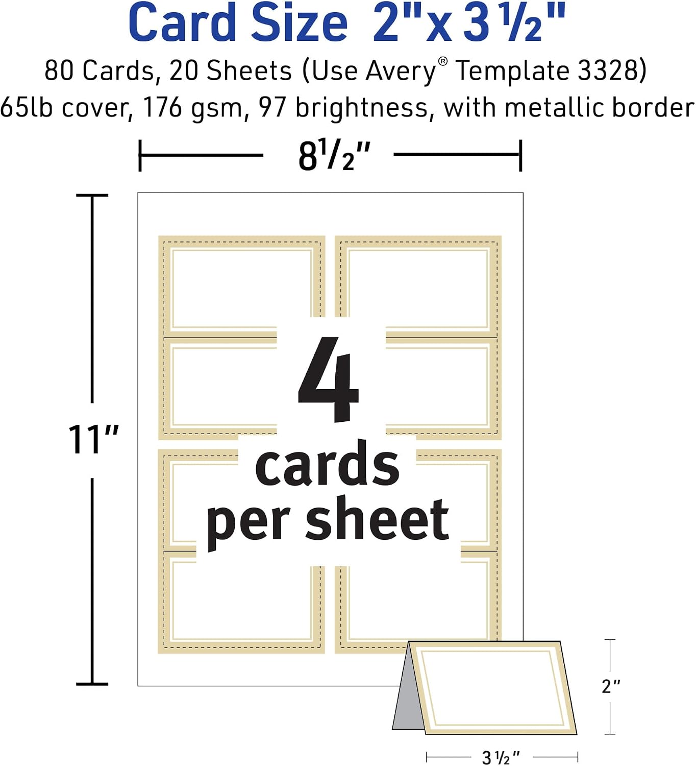 Tent Cards, 2" x 3.5", Gold Borders, 80 Place Cards (3328)