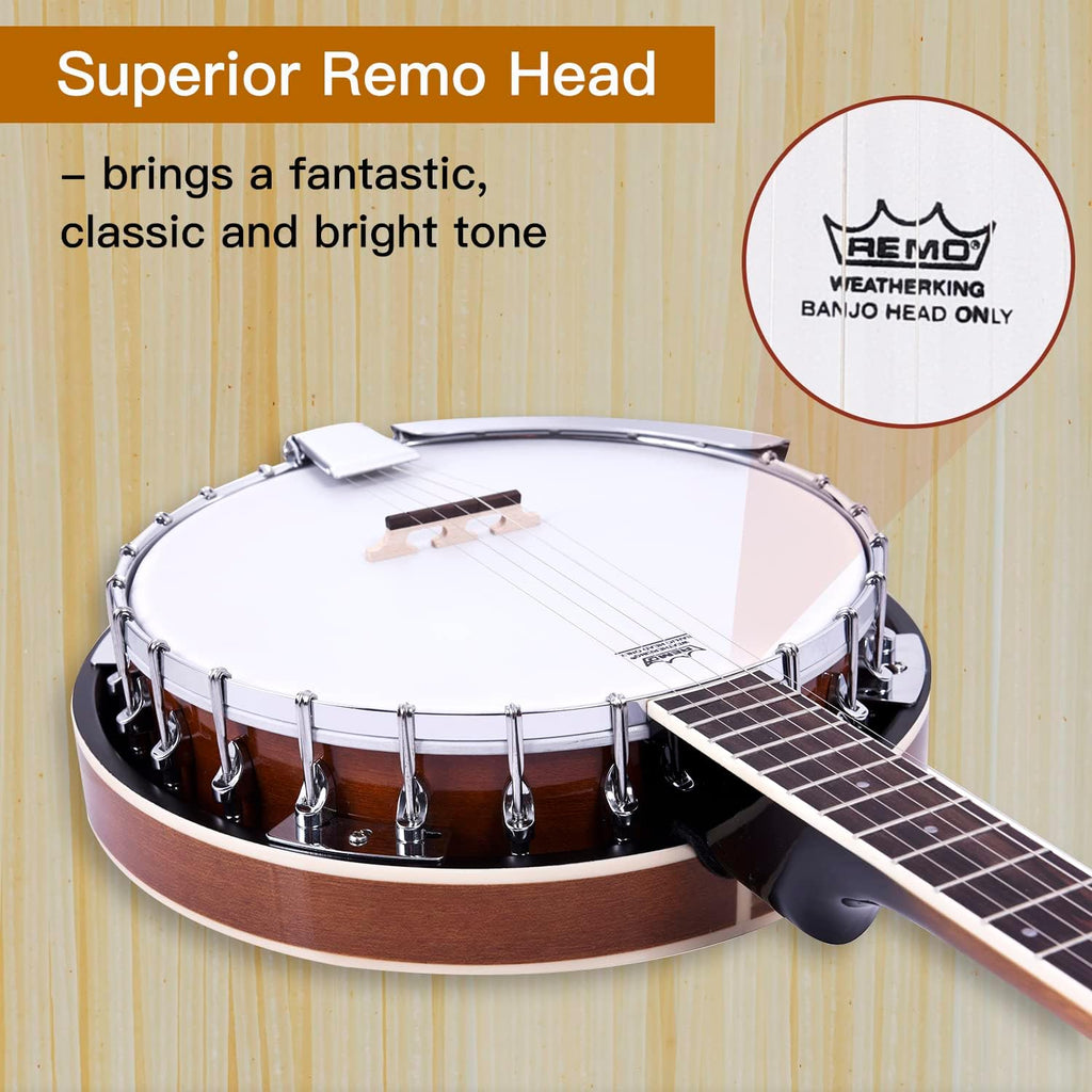 Banjo 5 String Full Size Banjoes Set, 38 Inch Beginner Banjo Kit with Resonator, Remo Drum Head, Open or Closed Back