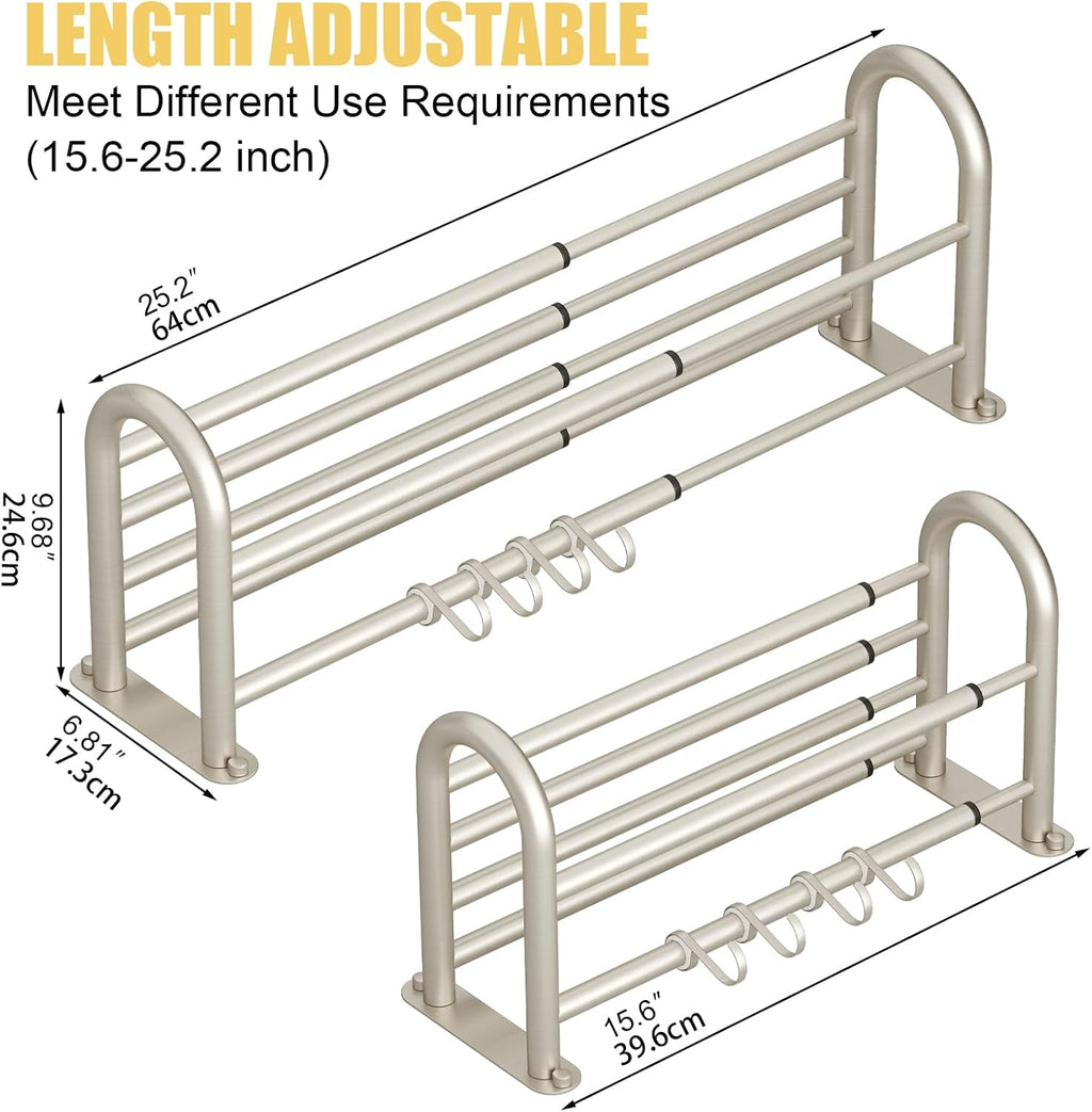 Adjustable 15-25 Inch Towel Rack with Shelf for Bathroom and Lavatory Towel Shelf Double Towel Bar Rod 4 Hooks Wall