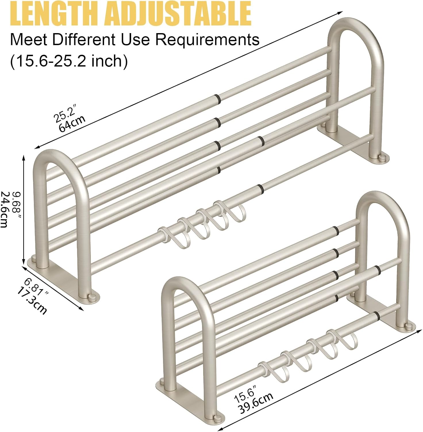 Adjustable 15-25 Inch Towel Rack with Shelf for Bathroom and Lavatory Towel Shelf Double Towel Bar Rod 4 Hooks Wall