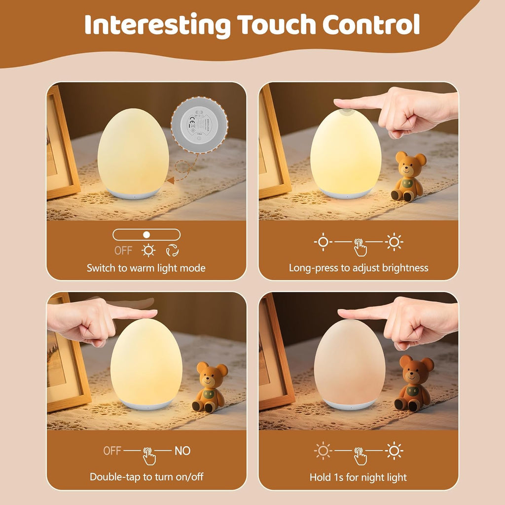 Night Light for Kids, Baby Egg Light for Nursery, 7 Colors Changing & Stepless Dimming, Soft Silicone Touch Night