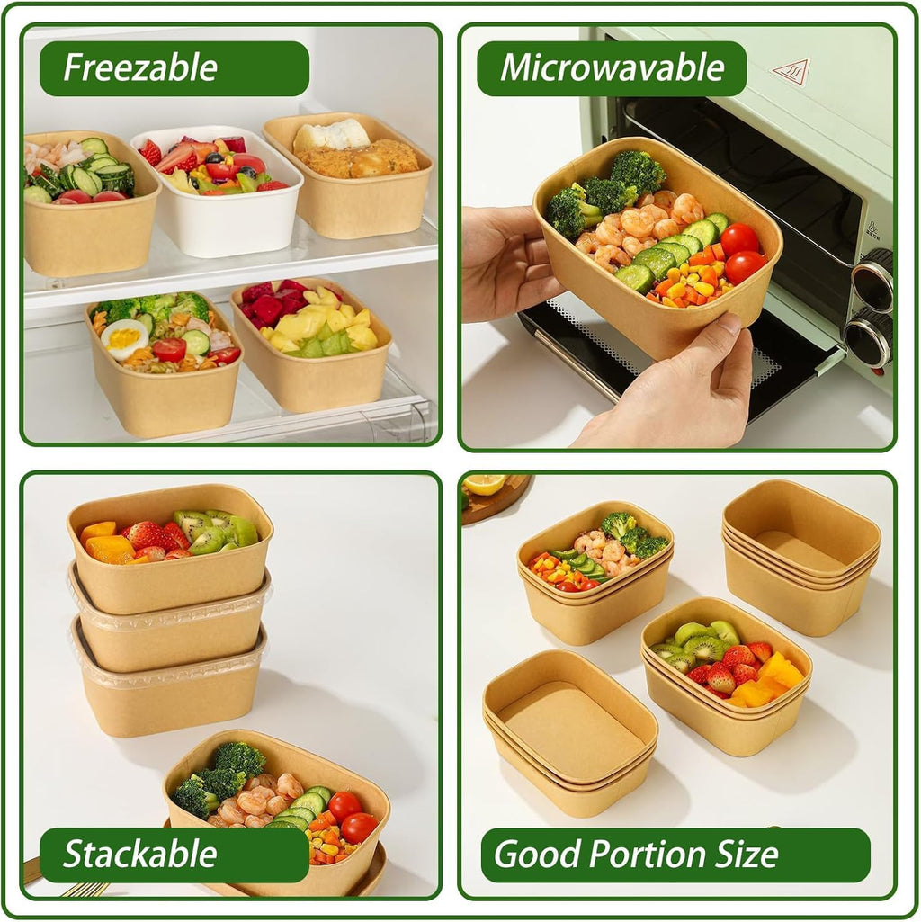 50 Kraft Paper Bowls,34oz Disposable Meal Prep Containers with Lids & Forks