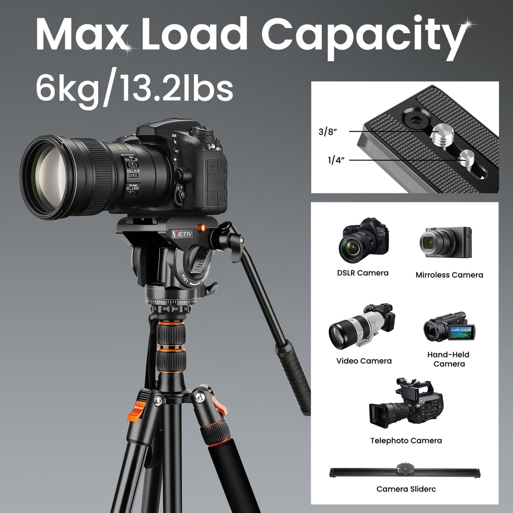 72" Video Camera Tripod, Heavy Duty Fluid Head Tripod with Carry Bag | Professional Aluminum Camera Tripod Stand
