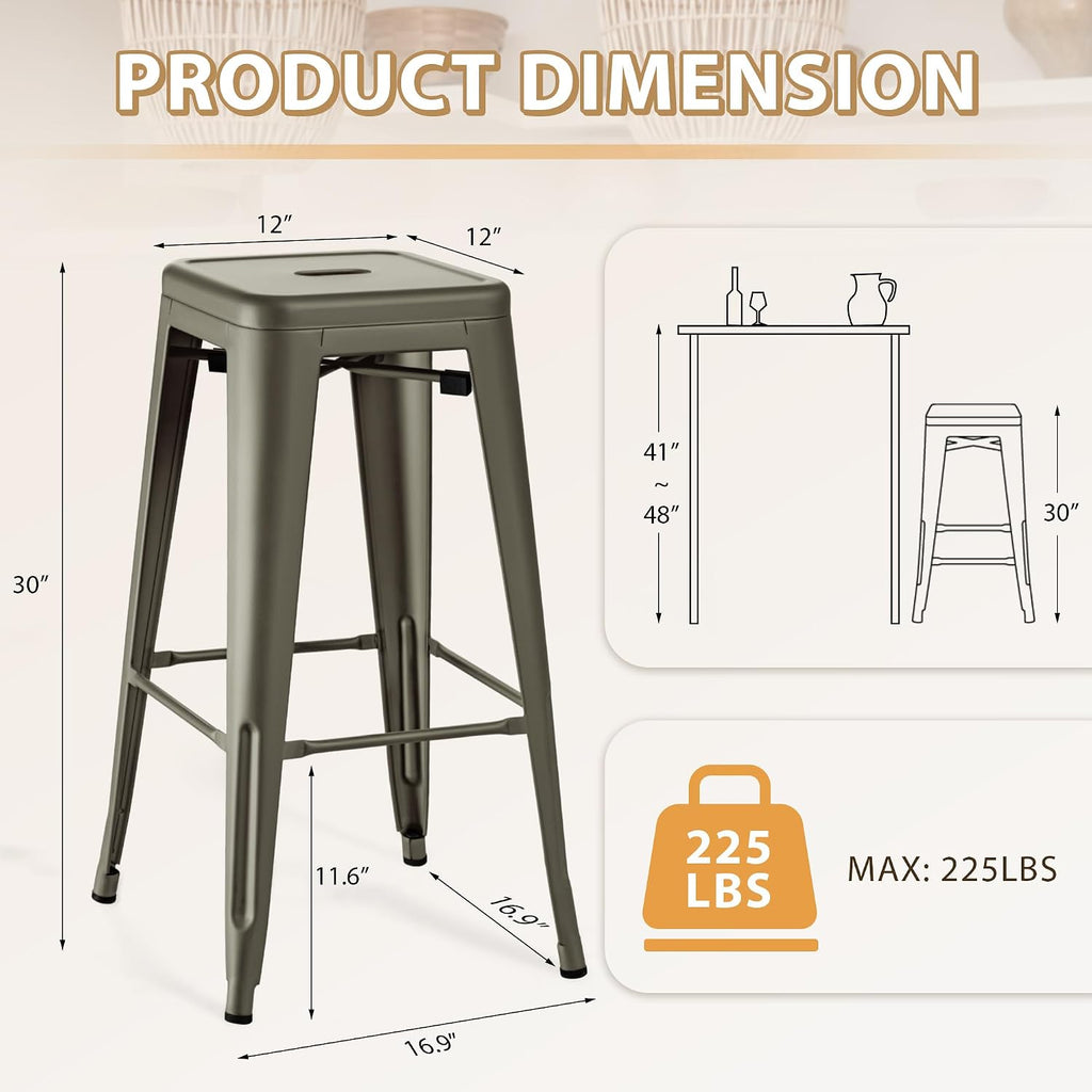 30'' Metal Bar Stools Set of 4, Stackable for Indoor Outdoor, Gun