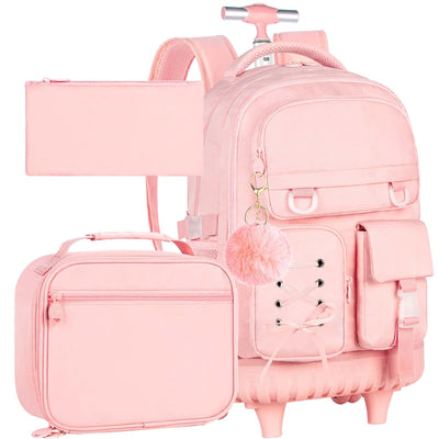3PCS Rolling Backpack for Girls, Women Pink Roller Backpacks with an Interlaced Ribbon Bow, Water-Resistant Travel