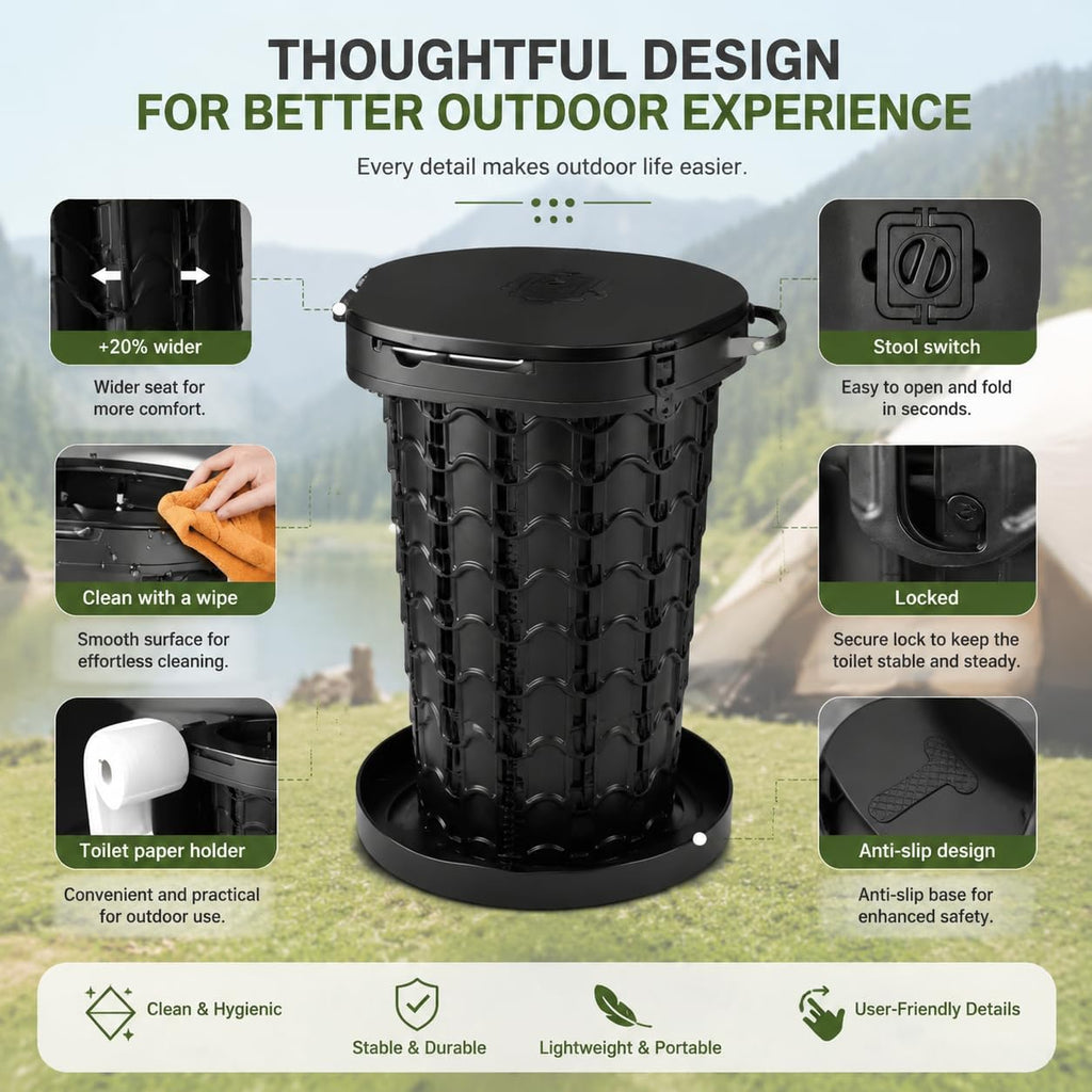 Upgrade Portable Toilet for Adults, Extra Large Seat Travel Potty with Bags & Carry Handle, 18.7" Tall Adjustable