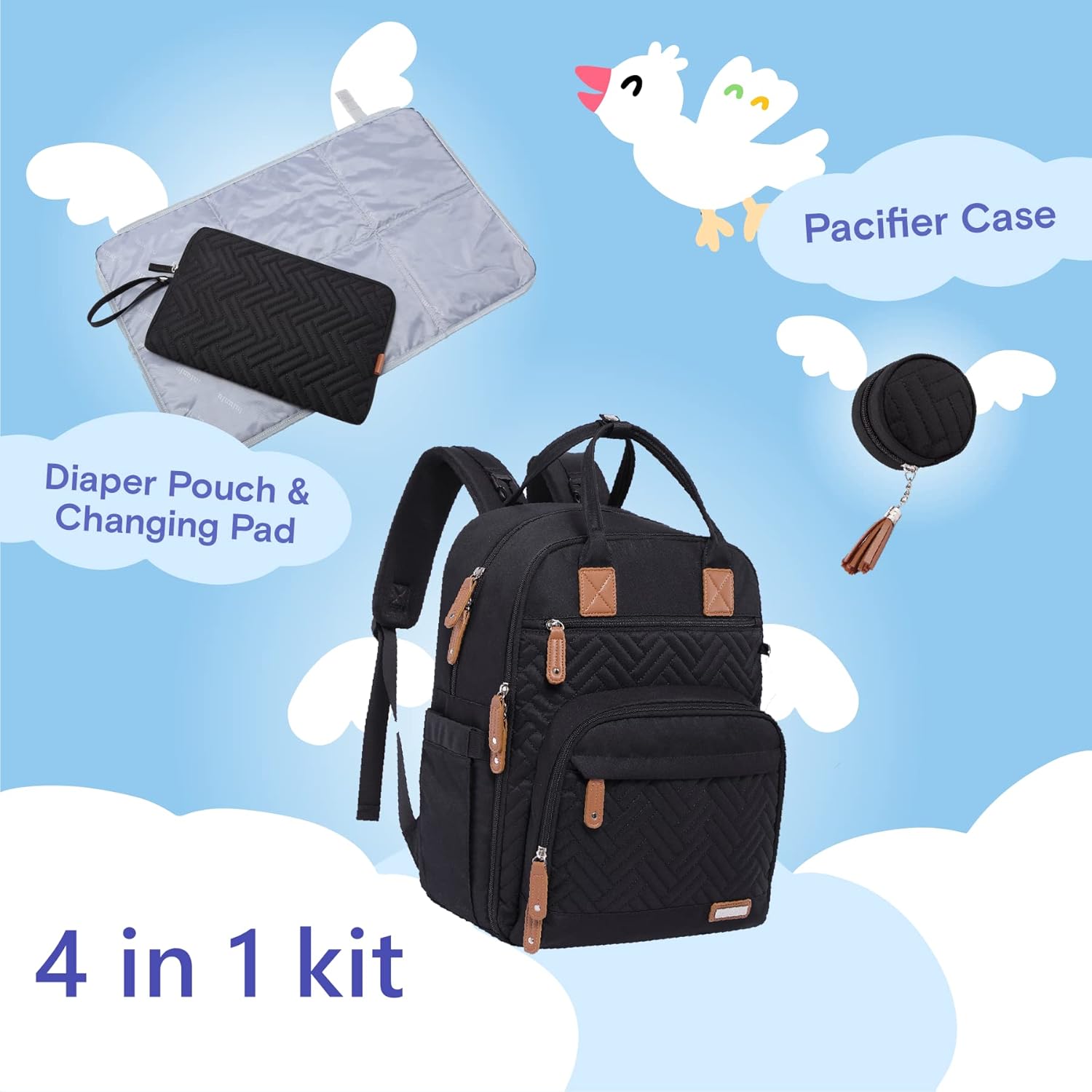 Diaper Bag Backpack, 4 in 1 kit Large Unisex Baby Bags for Boys Girls, Waterproof Travel Back Pack with Pouch
