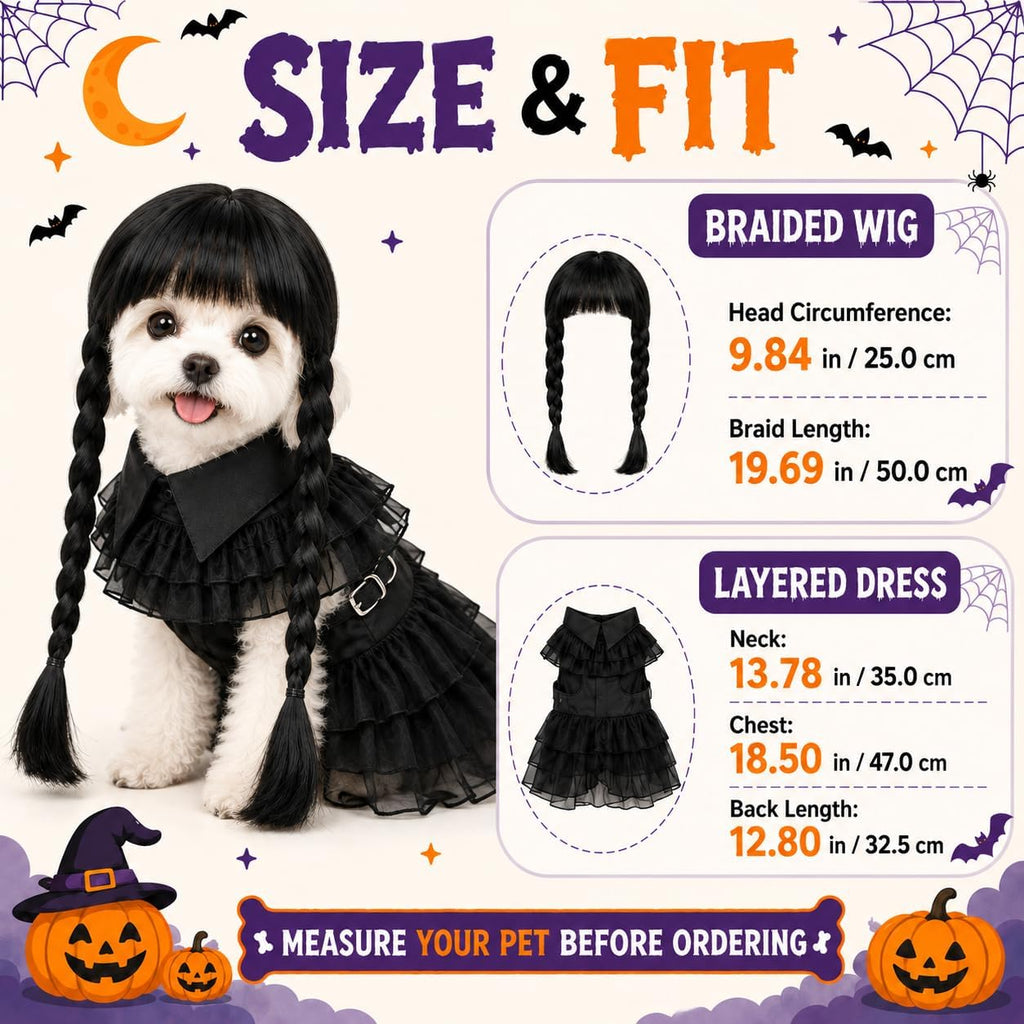 Halloween Dog Costumes - 3 Pcs Puppy Cute Pet Black Dress & Wig, Small