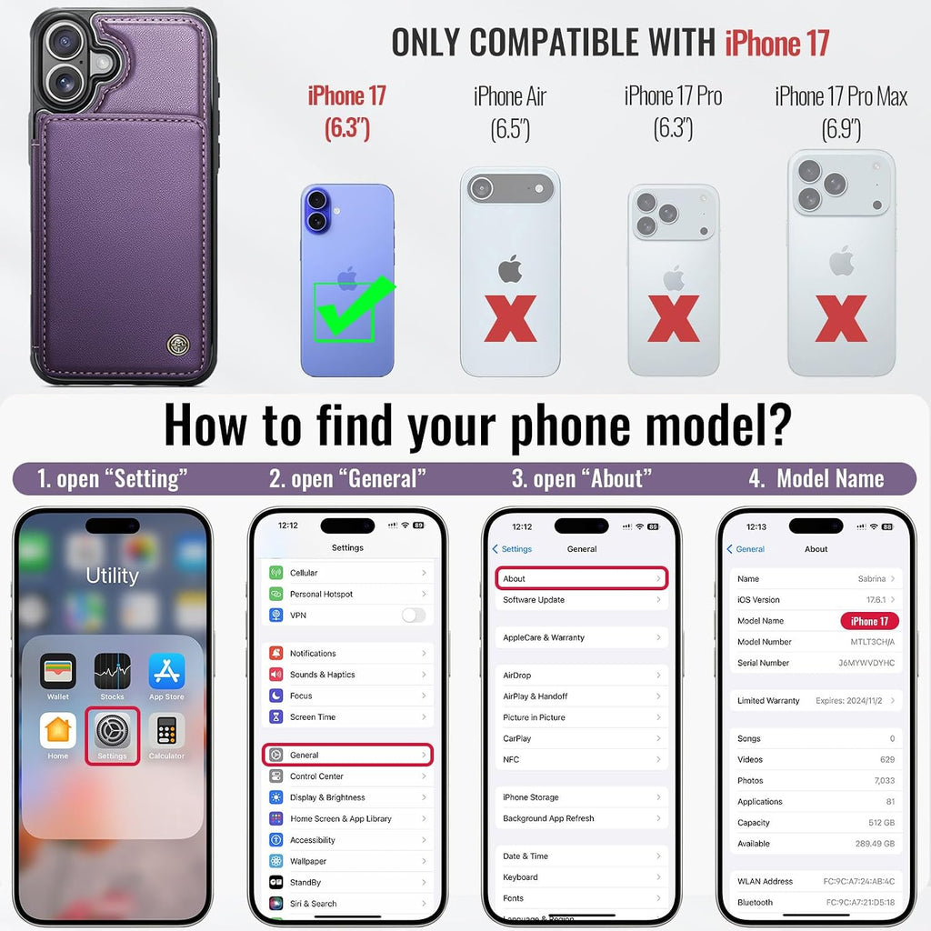 for iPhone 17 Wallet Case with Card Holder, RFID Blocking Credit Slots Kickstand Shockproof Phone Cover Fit for